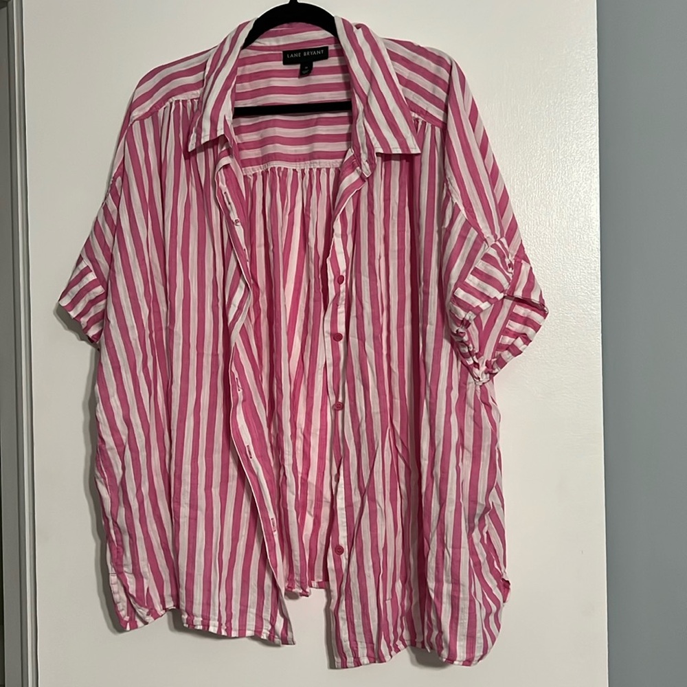 Lane Bryant pink and white striped short sleeve button up